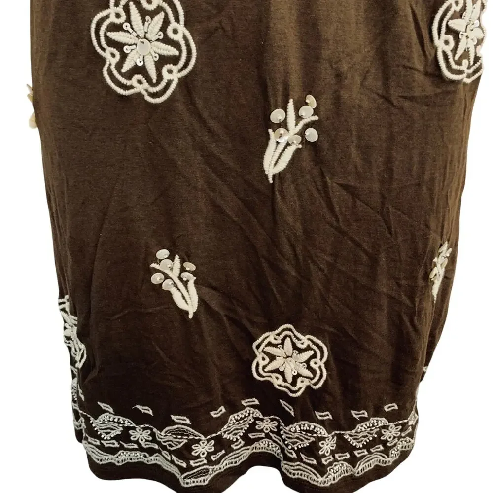 Charter Club Petite Womens Brown Beaded Embroidered Sleeveless Dress PP XS